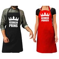 Bellatio Koppel cadeau set: 1x Keuken prins keukenschort zwart heren + 1x Keuken prinses rood dames -
