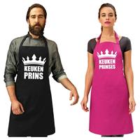 Bellatio Koppel cadeau set: 1x Keuken prins keukenschort zwart heren + 1x Keuken prinses roze dames -