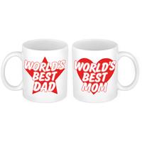 Bellatio Worlds Best Mom en Dad mok rood - Cadeau beker set voor Papa en Mama -
