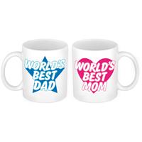 Bellatio Worlds Best Mom en World Best Dad mok - Cadeau beker set voor Papa en Mama -