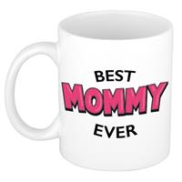 Bellatio Decorations Best mommy ever cadeau mok / beker wit met roze cartoon letters 300 ml -