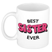 Bellatio Best sister ever cadeau mok / beker wit met roze cartoon letters 300 ml -