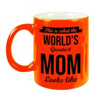 Bellatio Worlds Greatest Mom cadeau koffiemok / theebeker neon oranje 330 ml -