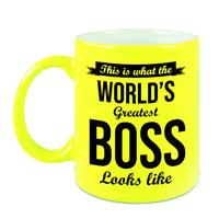Bellatio Worlds Greatest Boss cadeau koffiemok / theebeker neon geel 330 ml -