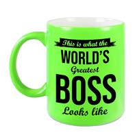Bellatio Worlds Greatest Boss cadeau koffiemok / theebeker neon groen 330 ml -