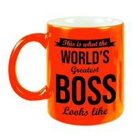 Bellatio Worlds Greatest Boss cadeau koffiemok / theebeker neon oranje 330 ml -