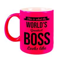 Bellatio Worlds Greatest Boss cadeau koffiemok / theebeker neon roze 330 ml -