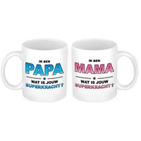 Bellatio Papa en Mama superkracht mok - Cadeau beker set voor Papa en Mama -