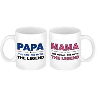 Bellatio Papa en mama the legend mok - Cadeau beker set voor Papa en Mama -