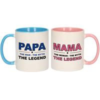Bellatio Papa en mama the legend mok met gekleurde binnenkant - Cadeau beker set voor Papa en Mama -