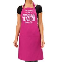 Bellatio Awesome teacher cadeau bbq/keuken schort roze dames -