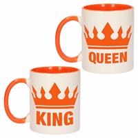 Bellatio Cadeauset van oranje King en Queen mokken/bekers 300 ML -