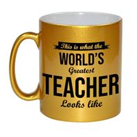 Bellatio Gouden Worlds Greatest Teacher cadeau koffiemok / theebeker voor leraar / lerares 330 ml -