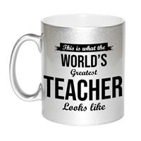 Bellatio Zilveren Worlds Greatest Teacher cadeau koffiemok / theebeker voor leraar / lerares 330 ml -