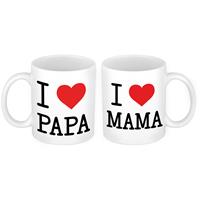Bellatio Love papa en mama met hartje mok - Cadeau beker set voor Papa en Mama -