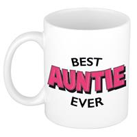 Bellatio Best auntie ever cadeau mok / beker wit met roze cartoon letters 300 ml -