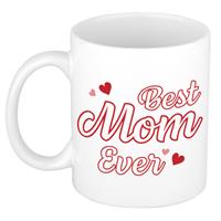 Bellatio Decorations Best mom ever cadeau mok / beker wit met contour letters en rode hartjes -