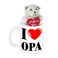 Bellatio Opa cadeau I Love Opa beker / mok 300 ml met beige knuffelbeertje met love hartje -