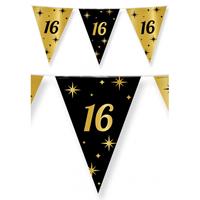 Paperdreams 2x stuks leeftijd verjaardag feest vlaggetjes 16 jaar geworden zwart/goud 10 meter -