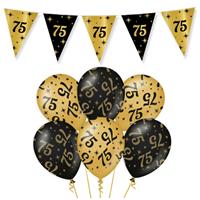 Trendoz Leeftijd verjaardag feestartikelen pakket vlaggetjes/ballonnen 75 jaar zwart/goud -