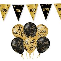 Trendoz Leeftijd verjaardag feestartikelen pakket vlaggetjes/ballonnen 100 jaar zwart/goud -