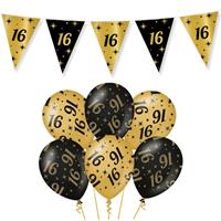 Trendoz Leeftijd verjaardag feestartikelen pakket vlaggetjes/ballonnen 16 jaar zwart/goud -