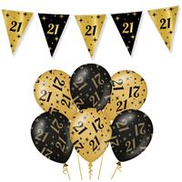 Trendoz Leeftijd verjaardag feestartikelen pakket vlaggetjes/ballonnen 21 jaar zwart/goud -