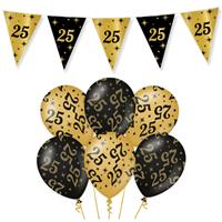 Trendoz Leeftijd verjaardag feestartikelen pakket vlaggetjes/ballonnen 25 jaar zwart/goud -