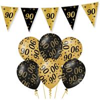 Trendoz Leeftijd verjaardag feestartikelen pakket vlaggetjes/ballonnen 90 jaar zwart/goud -