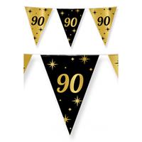 Paperdreams 3x stuks leeftijd verjaardag feest vlaggetjes 90 jaar geworden zwart/goud 10 meter -