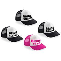 Bellatio Vrijgezellenfeest dames petjes pakket blokletters - 1x Bride to Be roze + 7x Bride Squad zwart -