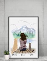 MyHappyMoments Frau mit Hund und Katze (bis zu 5 Haustiere)- Personalisierter Kunstdruck (Poster, Leinwand)