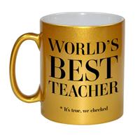 Bellatio Gouden Worlds best teacher cadeau koffiemok / theebeker 330 ml - Cadeau mokken -