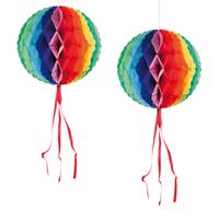 Bellatio Set van 8x stuks hangende decoratie bol/bal in regenboog kleuren dia 30 cm -