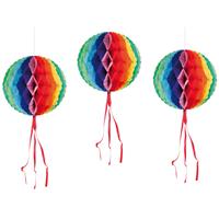 Bellatio Set van 12x stuks hangende decoratie bol/bal in regenboog kleuren dia 30 cm -
