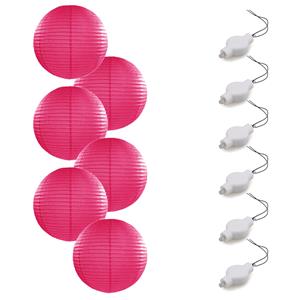 Bellatio Setje van 6x stuks luxe fuchsia roze bolvormige party lampionnen 35 cm met lantaarnlampjes -