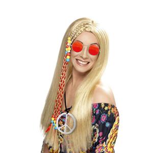 Smiffys Dames Flower Power Hippie Sixties verkleed set pruik ketting en bril -