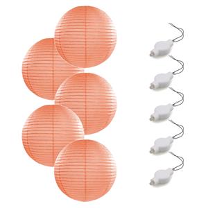 Bellatio Setje van 5x stuks luxe zalm roze bolvormige party lampionnen 35 cm met lantaarnlampjes -