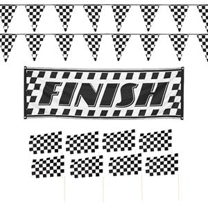 Boland Finish/racing feest thema versiering pakket 11-delig geblokt zwart/wit -