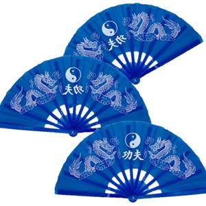 Trendoz 4x stuks handwaaiers/Tai Chi waaiers Yin Yang blauw polyester -