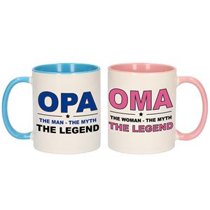 Bellatio Oma en Opa the legend cadeau mokken / bekers cadeauset 300 ml -