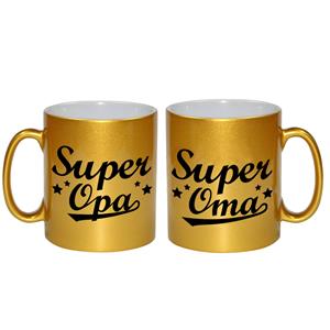 Bellatio Cadeau set Super oma/opa koffie mokken / bekers goud 330 ml -