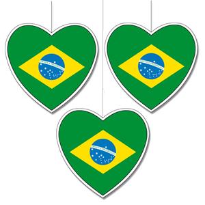 Bellatio 3x stuks brazilie vlag hangdecoratie hartjes vorm karton 14 cm -
