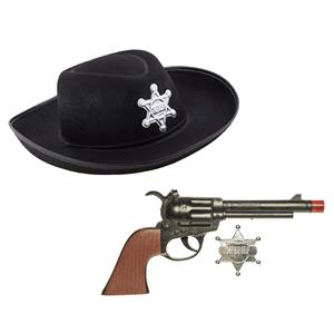 Funny Fashion Cowboys speelgoed/verkleed hoed zwart met revolver set kinderen 3-delig -