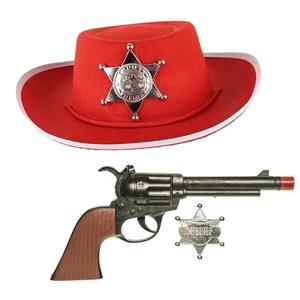 Funny Fashion Cowboys speelgoed/verkleed hoed rood met revolver set kinderen 3-delig -