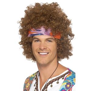 Smiffys Toppers - Bruine hippie pruik met haarband voor heren