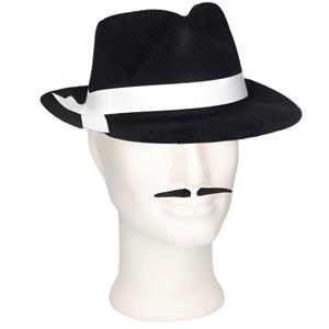 Smiffys Gangster/Maffia verkleed set hoed zwart/wit met snorretje -