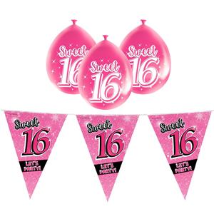 Paperdreams Sweet 16/Sixteen versiering pakket vlaggetjes/ballonnen roze -