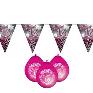 Funny Fashion Sweet 16/Sixteen versiering pakket vlaggetjes/ballonnen roze -