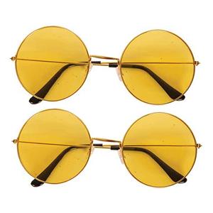 Faram Party 2x stuks Hippie Flower Power Sixties ronde glazen zonnebril geel -